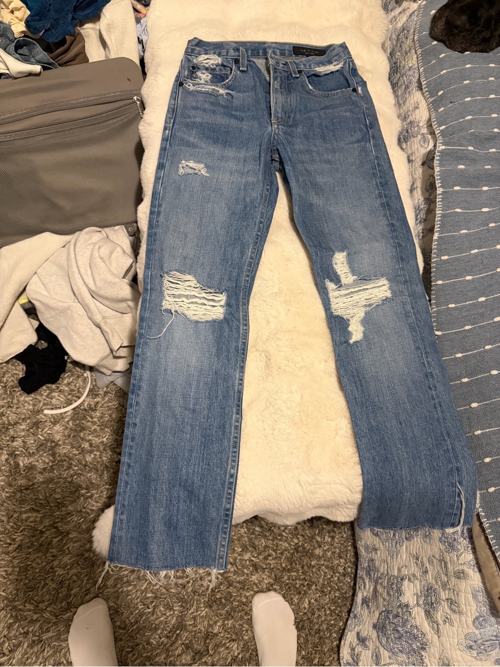 rag & bone Distressed Light Blue Straight-Leg Jeans